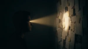 Beam of light illuminating one section of a wall of papers while the rest stays dark, illustrating confirmation bias