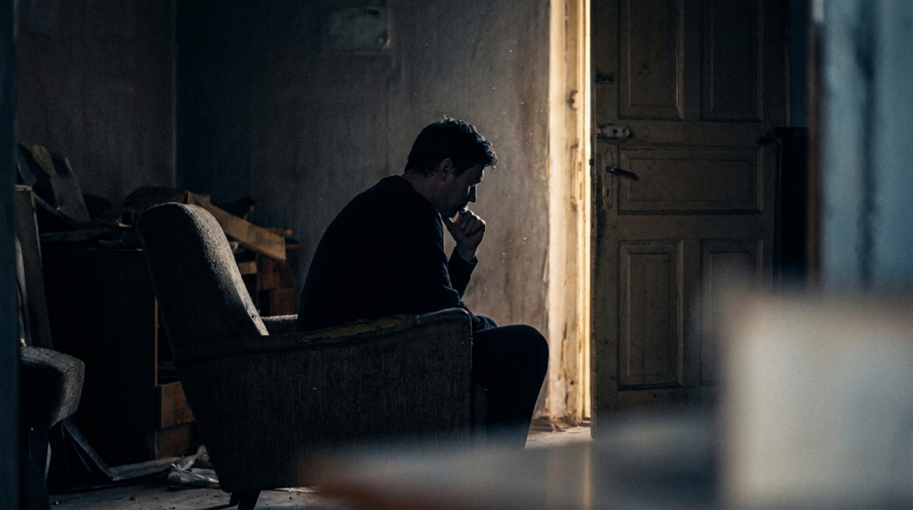 Person sitting in a dim room facing an open door with warm light, illustrating why good people stay in toxic situations