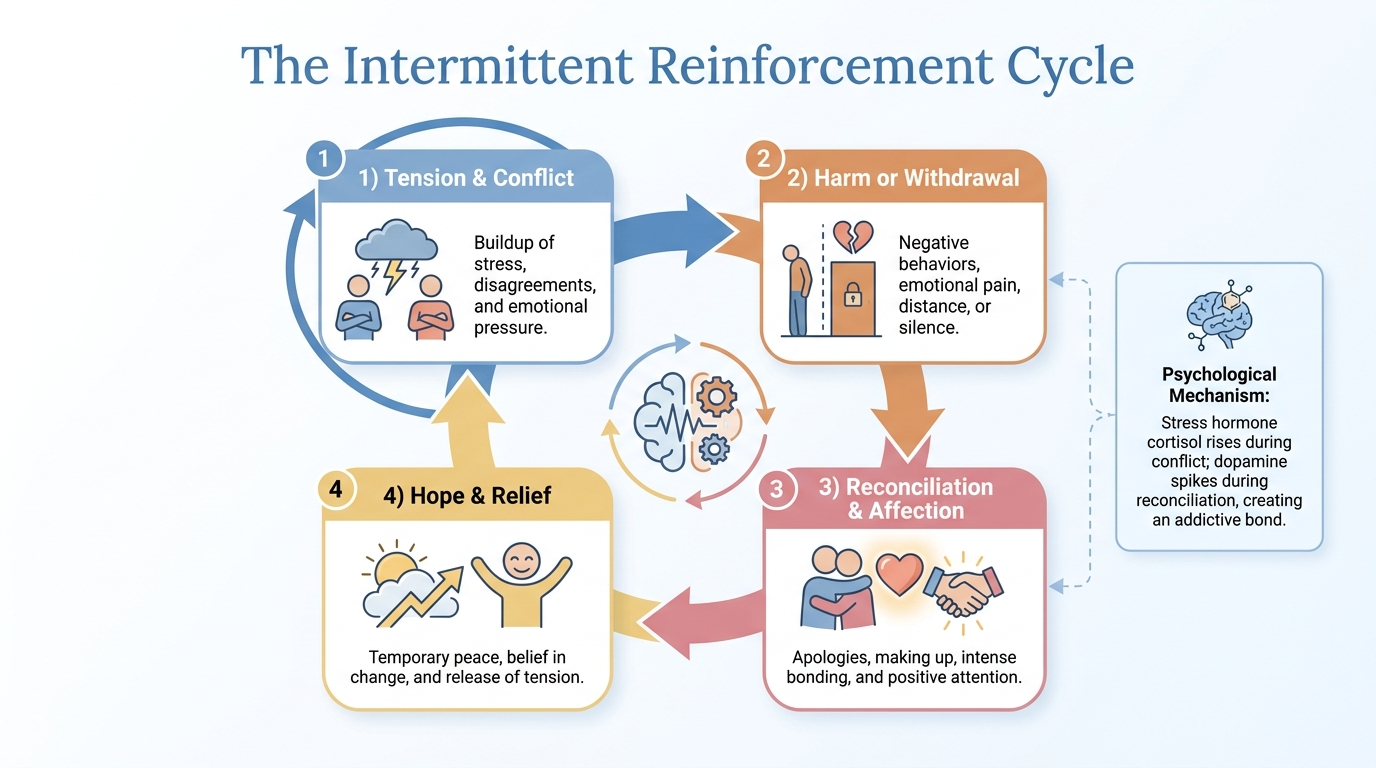 Diagram of the intermittent reinforcement cycle — one reason why good people stay in toxic situations