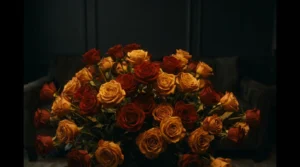 Overflowing bouquet of roses lit in warm gold against a dark shadowed room, illustrating love bombing