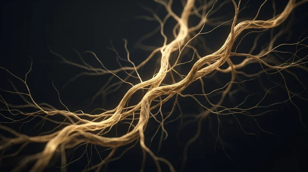 Branching neural pathways in gold light, some thickened and others fading, illustrating neuroplasticity