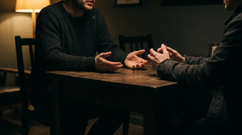 Two people seated across a dark table with hands and posture visible but faces out of frame, illustrating reading body language