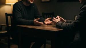 Two people seated across a dark table with hands and posture visible but faces out of frame, illustrating reading body language