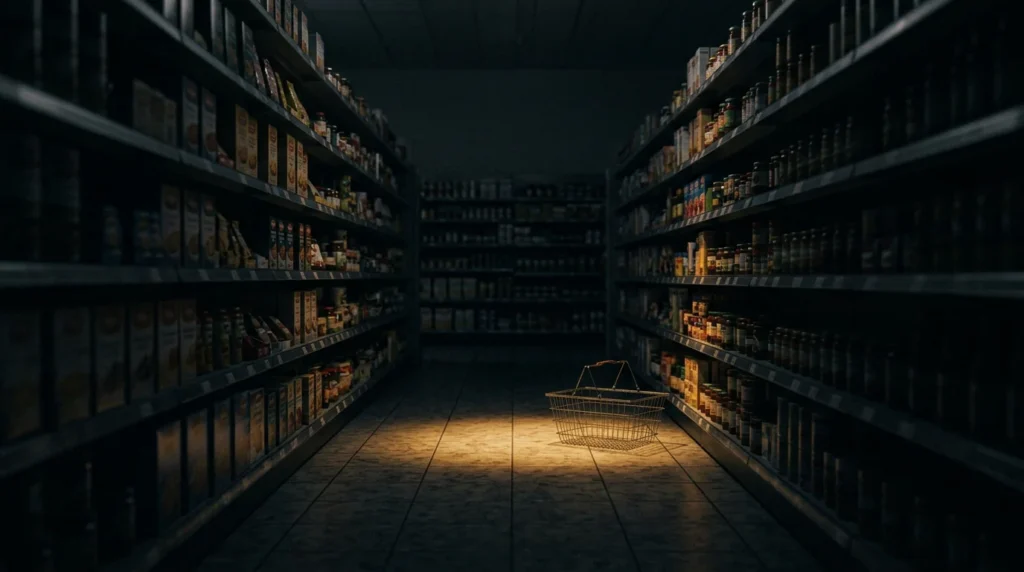 Dim supermarket aisle with a single lit section and a lone shopping basket, illustrating everyday decisions