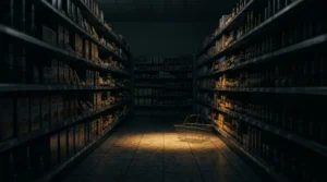 Dim supermarket aisle with a single lit section and a lone shopping basket, illustrating everyday decisions