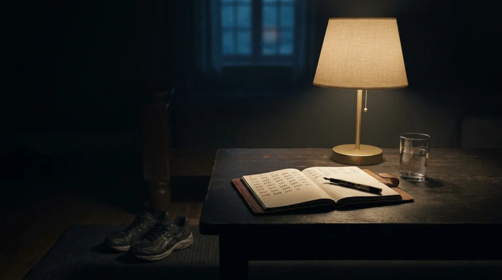 Lamplit desk before dawn with a habit-tracking notebook and running shoes laid out, illustrating discipline as preparation