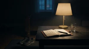 Lamplit desk before dawn with a habit-tracking notebook and running shoes laid out, illustrating discipline as preparation