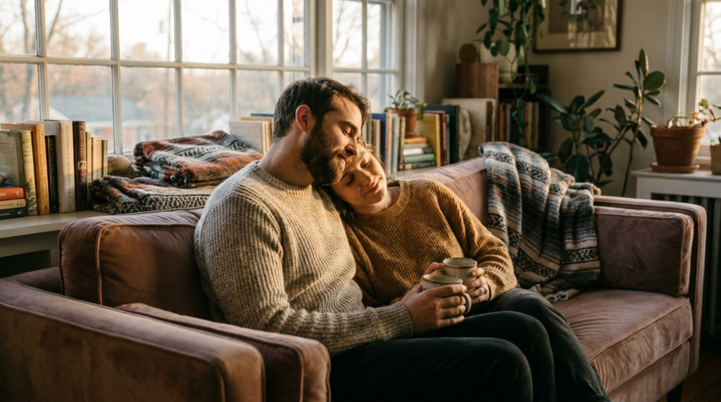 Calm couple relaxing together at home, showing why healthy relationships feel boring but emotionally safe
