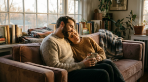 Calm couple relaxing together at home, showing why healthy relationships feel boring but emotionally safe