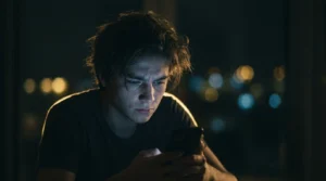 Person sitting alone in the dark lit only by a phone screen, illustrating why humans crave validation