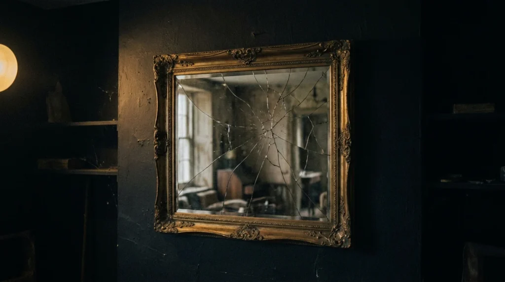 brain tricks you Cracked mirror reflecting a dark room imperfectly, illustrating how the brain constructs rather than records reality