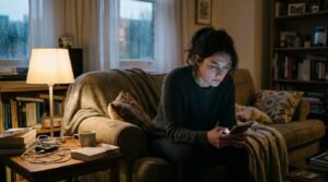the moment comparing yourself to others usually starts: a person alone on a sofa at night, absorbed in a phone screen