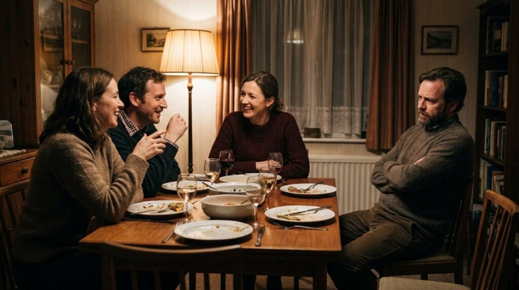 covert narcissism in an ordinary moment: one person quietly withdrawn at a dinner table while the others keep talking