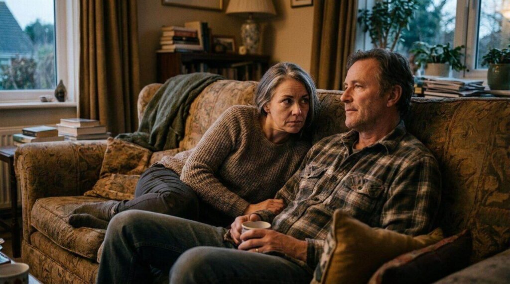 emotional dependency in a quiet moment: one person closely reading their partner's face for a reaction while the other looks away