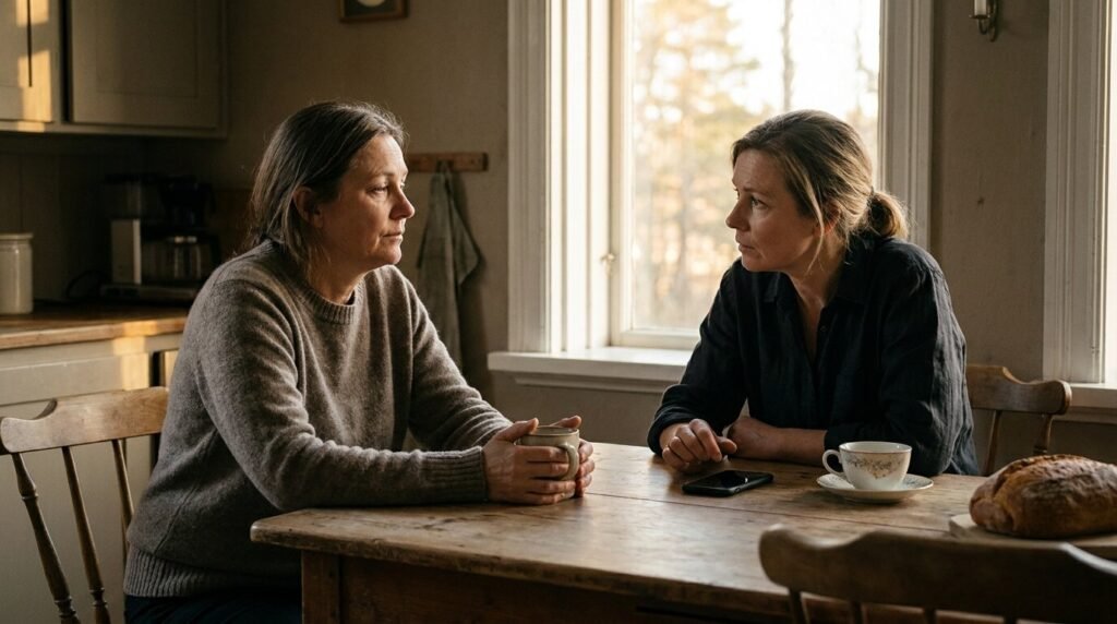 empathy vs sympathy in practice: one person listening closely while a friend talks at a kitchen table