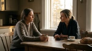 empathy vs sympathy in practice: one person listening closely while a friend talks at a kitchen table