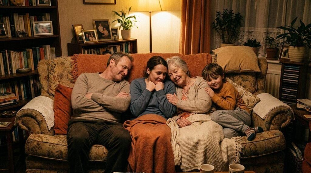 enmeshment in a family: three generations pressed together on one sofa with no space between them