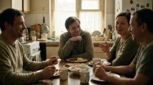 the fawn response in an ordinary moment: someone smiling and agreeing at a table while their own plate sits untouched