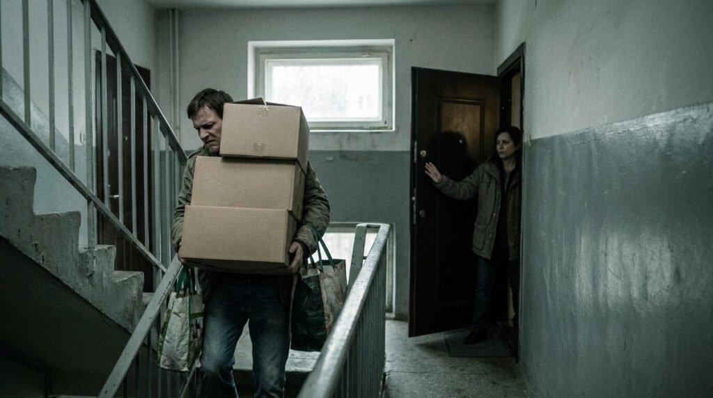 hyperindependence in an everyday moment: someone carrying everything alone up a stairwell while an offer of help goes unnoticed behind them