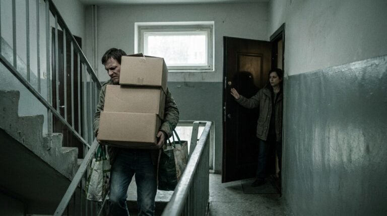 hyperindependence in an everyday moment: someone carrying everything alone up a stairwell while an offer of help goes unnoticed behind them