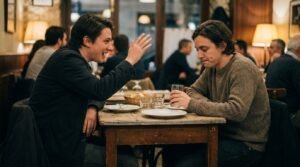 red flags in a relationship: one person pausing mid-conversation on an early date, registering something they have not said yet