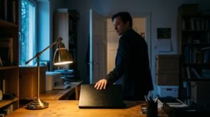 self sabotage in practice: someone closing a laptop and walking away from work that is already finished
