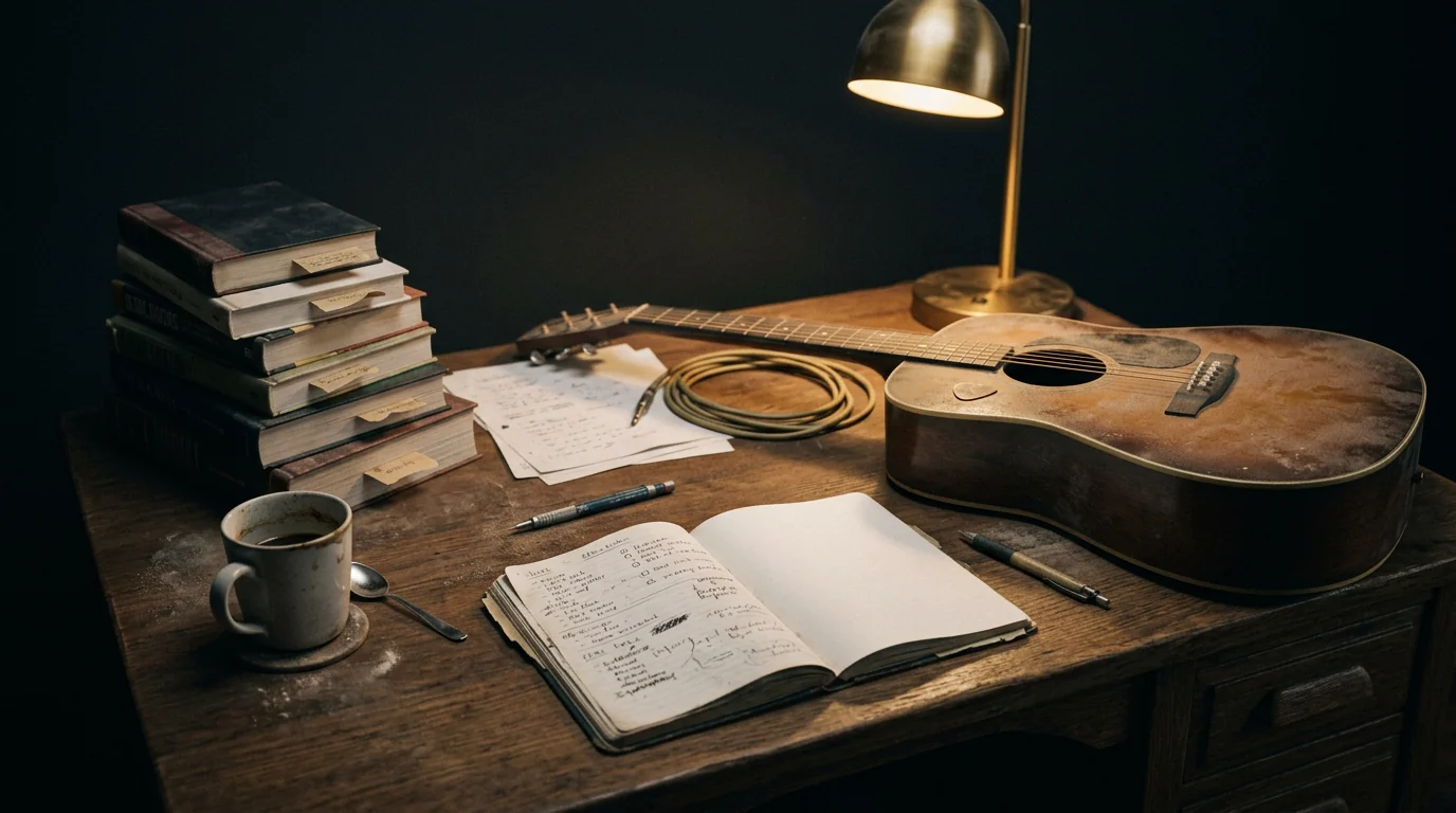 Lamplit desk with a part-filled notebook, dusty guitar and books bookmarked near the beginning, illustrating abandoned projects