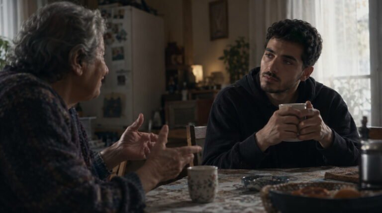 emotionally immature parents: an adult child listening at a kitchen table while their parent talks, attentive but no longer expecting to be asked anything
