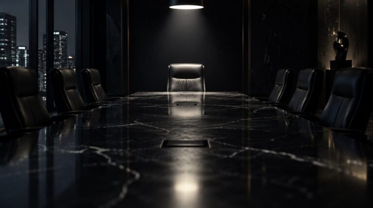 power reveals character: a single overhead light on the chair at the head of an empty boardroom table while the rest sit in darkness